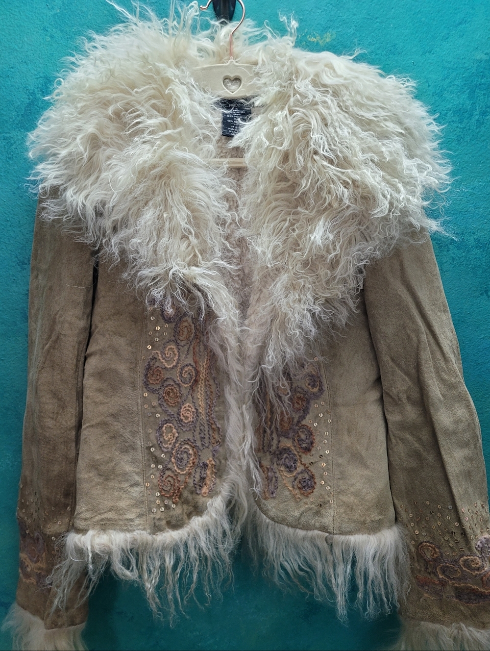 PRICE FIRM Arden B Luxe 100% Leather Mongolian Fur Trim Shearling Suede Jacket